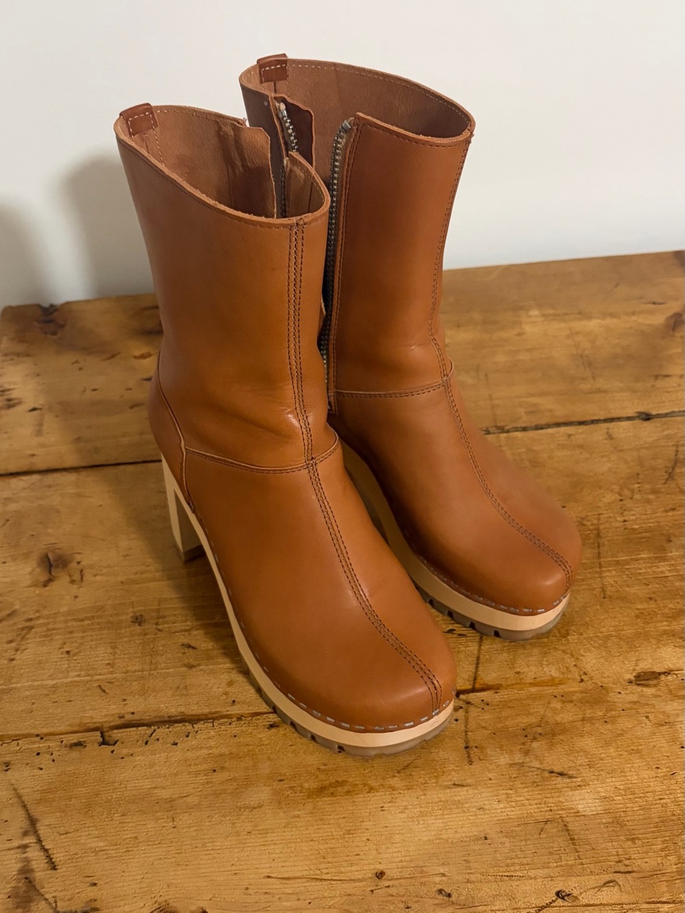 Swedish Hasbeens Tan Leather Platform Mid-Calf Boots
